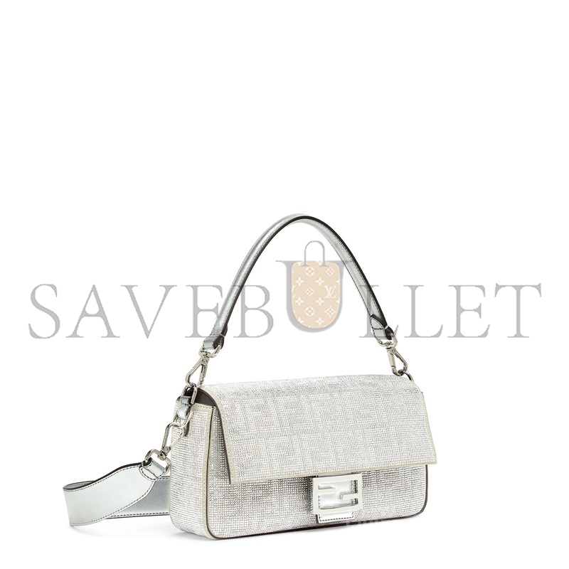 FENDI CRYSTAL VITELLO LAMINATO FF MEDIUM BAGUETTE CRYSTAL ARGENTO 8BR600APKFF1JSU (27*15*6cm)